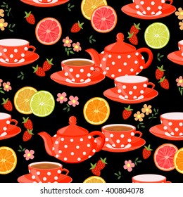 Seamless pattern with teapots, cups, flowers, leaves, citrus and strawberries. Cups of tea, fruits, berries and flowers.