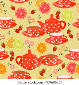 Seamless pattern with teapots, cups, flowers, leaves, citrus and strawberries. Cups of tea, fruits, berries and flowers.