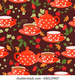 Seamless pattern with teapots, cups, flowers and hearts. Teapots, cups of tea, flowers and hearts.