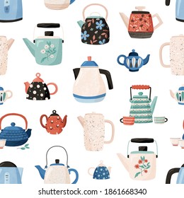 Seamless pattern with teapots and cups hand drawn on white background. Kitchen crockery for wallpaper or wrapping. Colorful flat vector background, illustration for printing