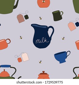 Seamless pattern of teapots, cups, honey and milk jars on pastel background. Vector hand drawn illustration. Background with tea related objects for postcards, packaging, textile, kitchen stuff. 