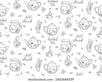 Patrón sin foco de tetera, tazas, hojas, limón. El garabato resume la bebida caliente del té. Elementos de té saludable con hierbas. Fondo de línea dibujado para menú café, tienda, papel de envoltura. Ilustración en blanco y negro