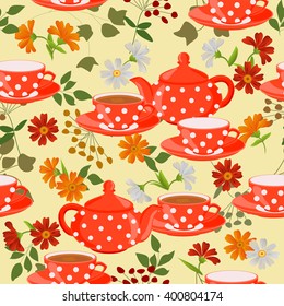 Seamless pattern with teapots, cups and medicinal plants. Cups of tea, the tea leaves and chamomile flowers, calendula, asters, chrysanthemums.