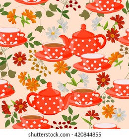 Seamless pattern with teapots, cups and medicinal plants. Cups of tea, the tea leaves and chamomile flowers, calendula, asters, chrysanthemums.