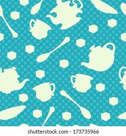 Seamless pattern with teapots, cups, mugs, spoons, saucers and sugar. White silhouette on a blue background - vector