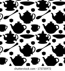 Seamless pattern with teapots, cups, mugs, spoons, saucers and sugar. Black silhouette - vector