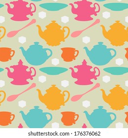 Seamless pattern with teapots, cups, mugs, spoons, saucers and sugar. Colored silhouette - vector