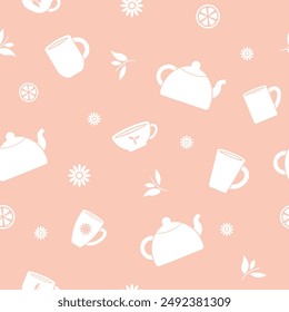 Patrón sin costuras con teteras, tazas, tazas sobre un fondo beige. Tea party. Ilustración vectorial.