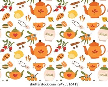 Seamless pattern with teapots, cups, mugs, lemon, cookies on a white background. Tea party. Flat design. Vector illustration for textile, wrapping paper, wallpaper, background