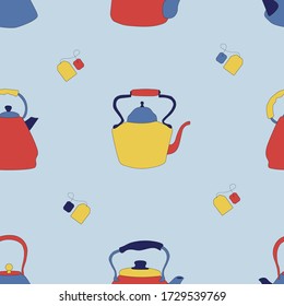 Seamless pattern of teapots and cups on pastel background. Vector hand drawn illustration. Background with tea related objects for postcards, packaging, textile, kitchen stuff. 