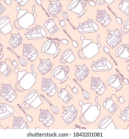 Seamless pattern of teapots and cups on a pink background. Hand-drawn light sketch for cafe, menu and textile decoration