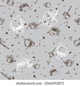 Seamless pattern with teapots and cups on a grey background