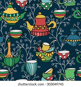 Seamless pattern with teapots and cups on a blue background. Hand drawing. Vector illustration