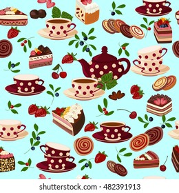 Seamless pattern with teapots, cups, sweets and berries. Tea, cakes, pastries, chocolate, berries and tea leaves.