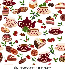 Seamless pattern with teapots, cups, sweets and berries. Tea, cakes, pastries, chocolate, berries and tea leaves.