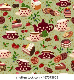 Seamless pattern with teapots, cups, sweets and berries. Tea, cakes, pastries, chocolate, berries and tea leaves.