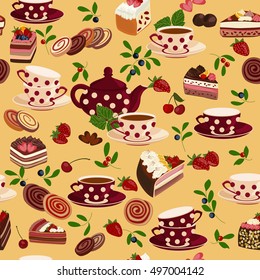 Seamless pattern with teapots, cups, sweets and berries. Tea, cakes, pastries, chocolate, berries and tea leaves.