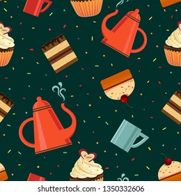 Seamless pattern with teapots, cups and various desserts