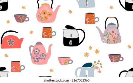 Seamless pattern with teapots and cups of various shapes decorated with floral elements.Colorful background and texture for printing on fabric and paper.Vector hand drawn isolated illustration.