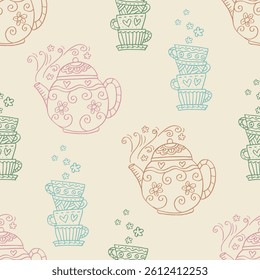 Seamless pattern with teapots and cups. Vector illustration