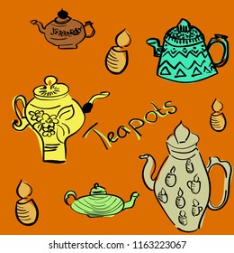 Seamless pattern with teapots and cups as wallpapers, gift wrap and scrapbook. Vector illustration.