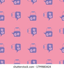 Patrón sin foco con adorno de garabatos de tetera. Colores de color azul sobre fondo rosado. Sencillo telón de fondo. Impresión creativa para papel pintado, textil, papel envolvente, impresión de tela. Ilustración vectorial.