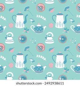 Seamless pattern with teapots, flora and donuts. Tea time background. Perfect for decor textiles, greeting card design, fabric print, baby shower, wrapping paper design, baby prints, home textiles.