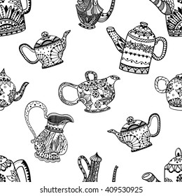 Seamless pattern of Teapots and jugs. Vector illustration. Hand drawn art made of flowers and Leaves. 