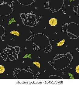 Seamless pattern with teapots and lemons. Different types of teapots and lemon slices. White outline on a black background. Vector illustration.