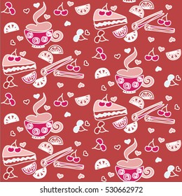Seamless pattern with a teapots and many delicious sweets