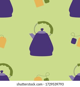 Seamless pattern of teapots on green background. Vector hand drawn illustration. Background with tea related objects for postcards, packaging, textile, kitchen stuff. 