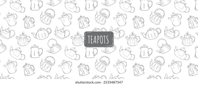 Seamless pattern with teapots on white background. Kitchen vector wallpaper outline style. Sketch of teapot.