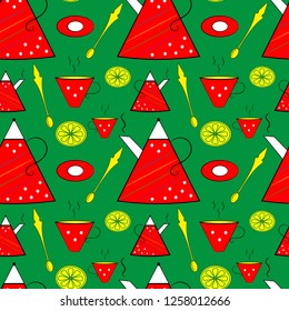 Seamless pattern with teapots, saucers, lemon slices, teaspoons and cups. Vector design of tile, carpet, tablecloth fabric, cushion, pillow, bags, cover. Red teapot with white polka dots.