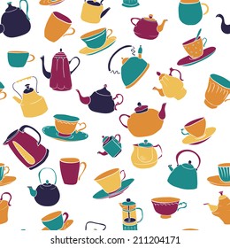 seamless pattern with teapots and tea cups, vector illustration, cafe or restaurant background, kitchen ornament