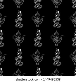 Seamless pattern of teapots and teacups isolated on black background. Chinese seamless pattern of teapots and teacups collection for textile design. Vector outline illustration.