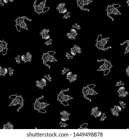 Seamless pattern of teapots and teacups isolated on black background. Chinese seamless pattern of teapots and teacups collection for textile design. Vector outline illustration.