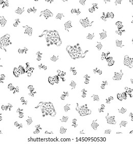 Seamless pattern of teapots and teacups isolated on white background. Chinese seamless pattern of teapots and teacups collection for textile design. Vector outline illustration.