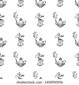 Seamless pattern of teapots and teacups isolated on white background. Chinese seamless pattern of teapots and teacups collection for textile design. Vector outline illustration.