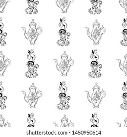 Seamless pattern of teapots and teacups isolated on white background. Chinese seamless pattern of teapots and teacups collection for textile design. Vector outline illustration.
