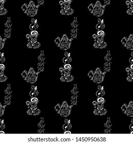Seamless pattern of teapots and teacups isolated on black background. Chinese seamless pattern of teapots and teacups collection for textile design. Vector outline illustration.