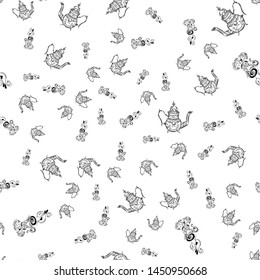 Seamless pattern of teapots and teacups isolated on white background. Chinese seamless pattern of teapots and teacups collection for textile design. Vector outline illustration.