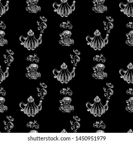 Seamless pattern of teapots and teacups isolated on black background. Chinese seamless pattern of teapots and teacups collection for textile design. Vector outline illustration.