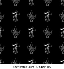 Seamless pattern of teapots and teacups isolated on black background. Chinese seamless pattern of teapots and teacups collection for textile design. Vector outline illustration.