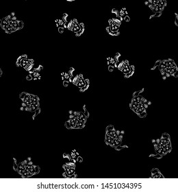 Seamless pattern of teapots and teacups isolated on black background. Chinese seamless pattern of teapots and teacups collection for textile design. Vector outline illustration.