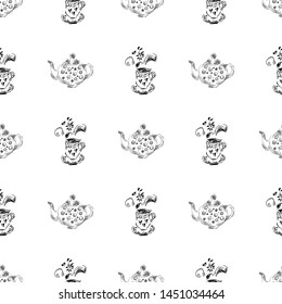 Seamless pattern of teapots and teacups isolated on white background. Chinese seamless pattern of teapots and teacups collection for textile design. Vector outline illustration.