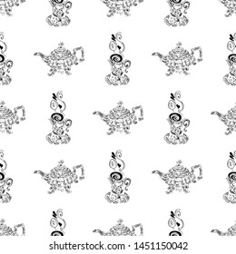 Seamless pattern of teapots and teacups isolated on white background. Chinese seamless pattern of teapots and teacups collection for textile design. Vector outline illustration.