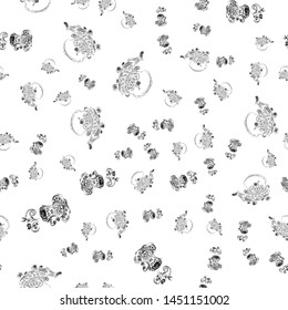 Seamless pattern of teapots and teacups isolated on white background. Chinese seamless pattern of teapots and teacups collection for textile design. Vector outline illustration.
