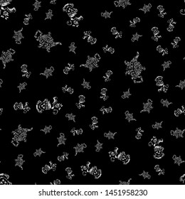 Seamless pattern of teapots and teacups isolated on black background. Chinese seamless pattern of teapots and teacups collection for textile design. Vector outline illustration.