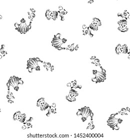 Seamless pattern of teapots and teacups isolated on white background. Chinese seamless pattern of teapots and teacups collection for textile design. Vector outline illustration.