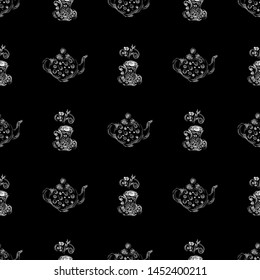 Seamless pattern of teapots and teacups isolated on black background. Chinese seamless pattern of teapots and teacups collection for textile design. Vector outline illustration.
